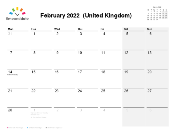 Kalender für 2022 in Großbritannien
