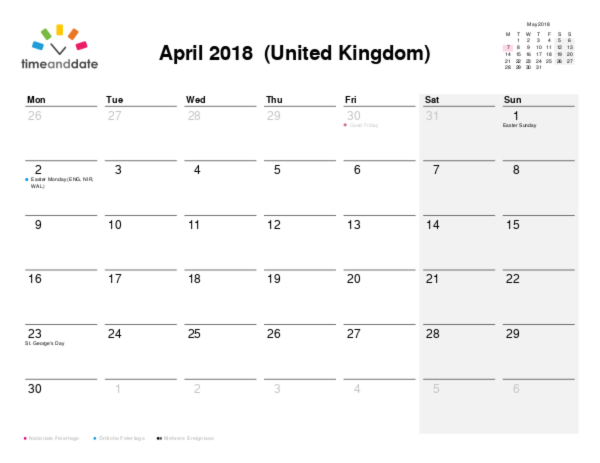 Kalender für 2018 in Großbritannien