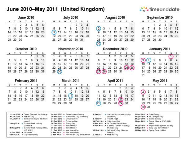 Kalender für 2010 in Großbritannien