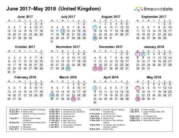 Kalender für 2017 in Großbritannien
