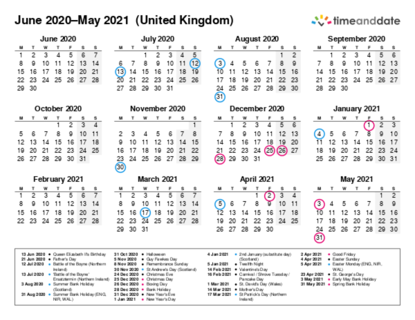 Kalender für 2020 in Großbritannien