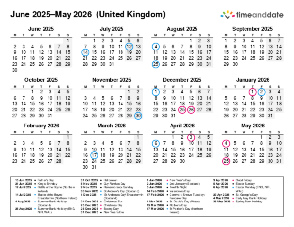 Kalender für 2025 in Großbritannien