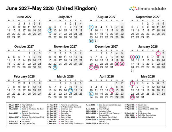 Kalender für 2027 in Großbritannien