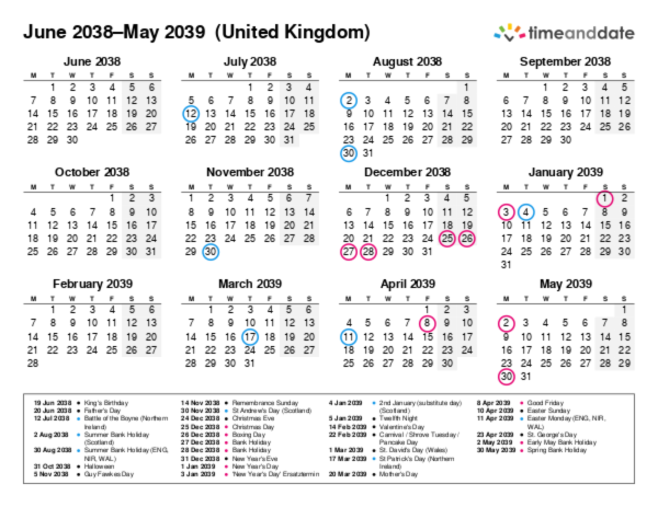 Kalender für 2038 in Großbritannien
