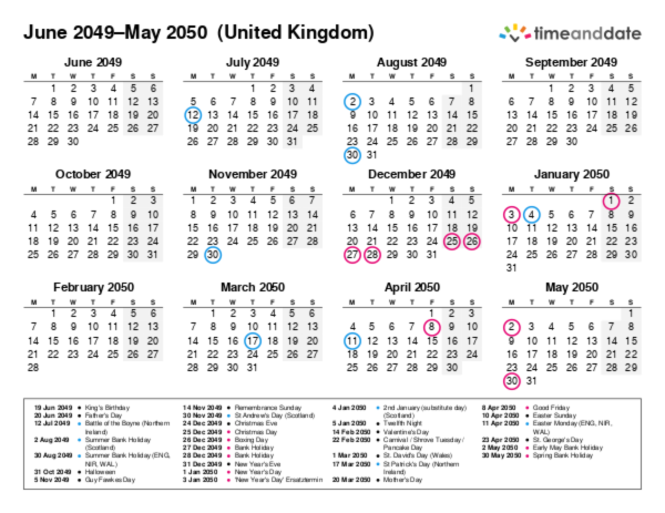 Kalender für 2049 in Großbritannien