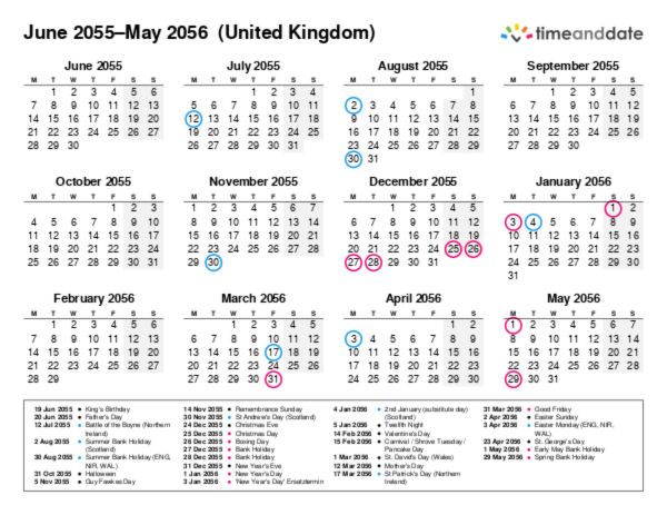 Kalender für 2055 in Großbritannien