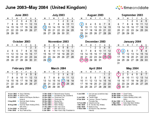 Kalender für 2083 in Großbritannien