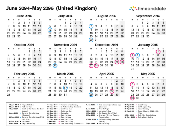Kalender für 2094 in Großbritannien