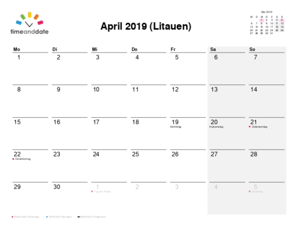 Kalender für 2019 in Litauen