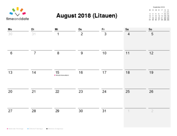 Kalender für 2018 in Litauen