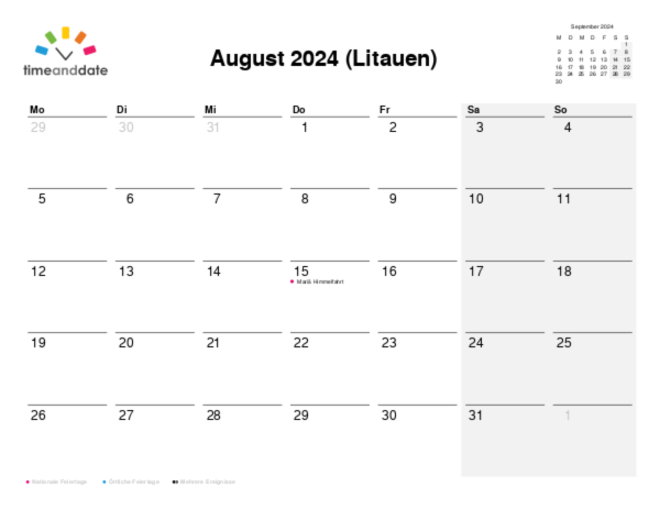 Kalender für 2024 in Litauen