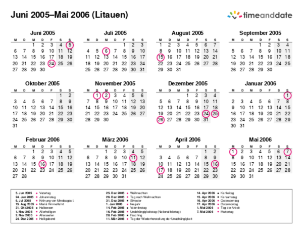 Kalender für 2005 in Litauen