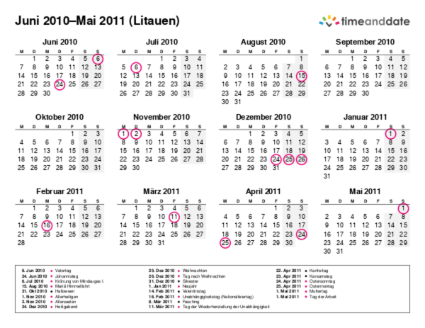 Kalender für 2010 in Litauen