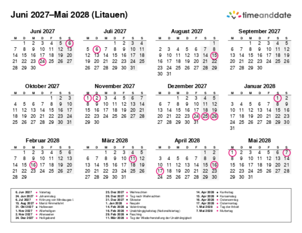 Kalender für 2027 in Litauen