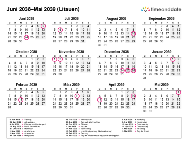 Kalender für 2038 in Litauen