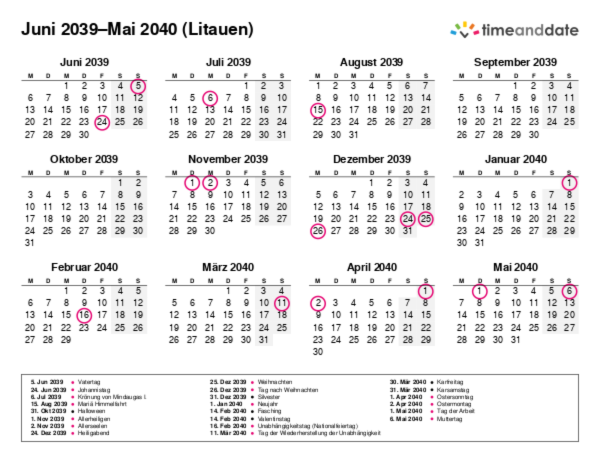 Kalender für 2039 in Litauen