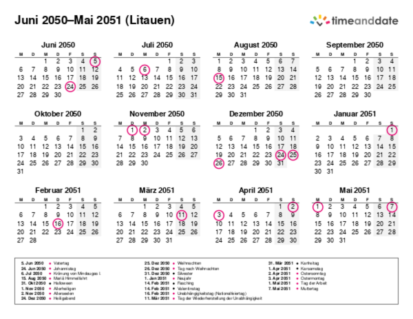Kalender für 2050 in Litauen