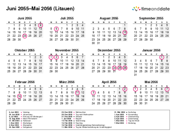 Kalender für 2055 in Litauen