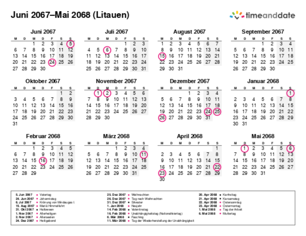 Kalender für 2067 in Litauen