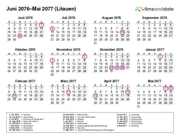 Kalender für 2076 in Litauen