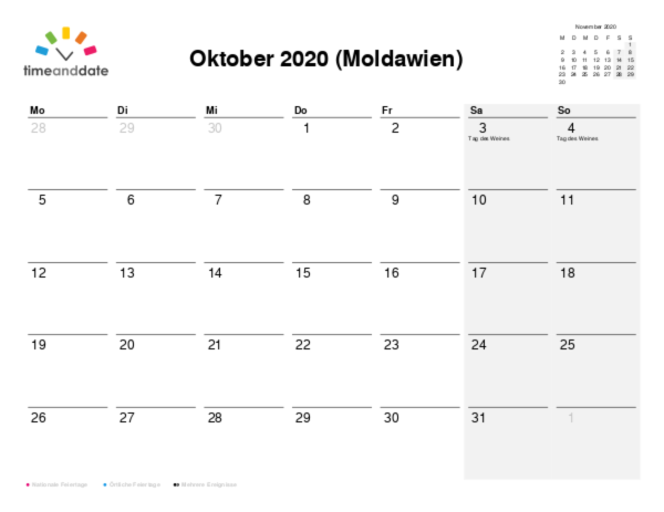 Kalender für 2020 in Moldawien