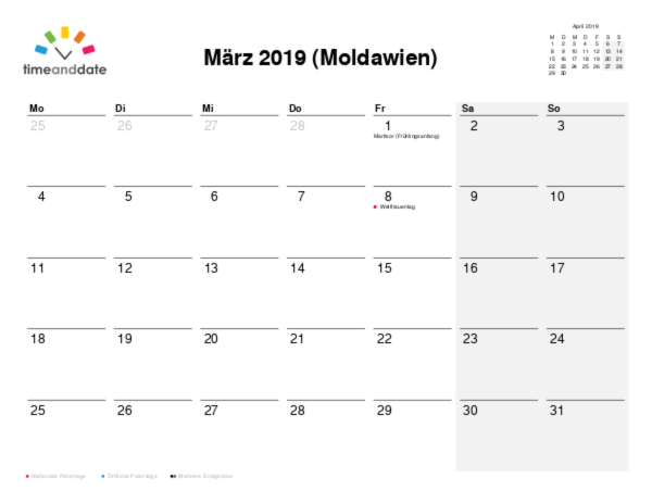 Kalender für 2019 in Moldawien