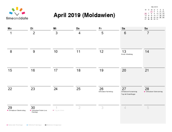 Kalender für 2019 in Moldawien