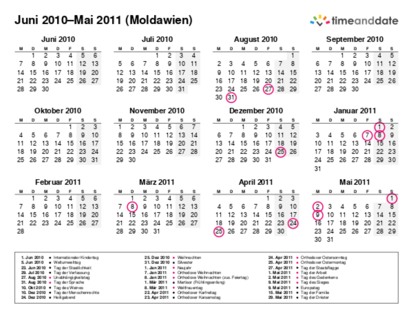 Kalender für 2010 in Moldawien