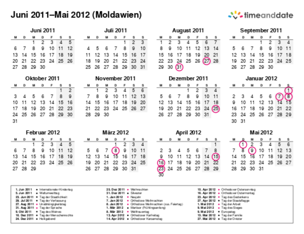 Kalender für 2011 in Moldawien