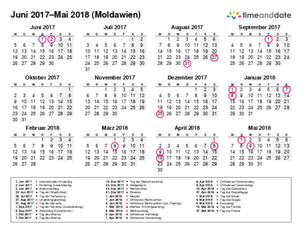 Kalender für 2017 in Moldawien