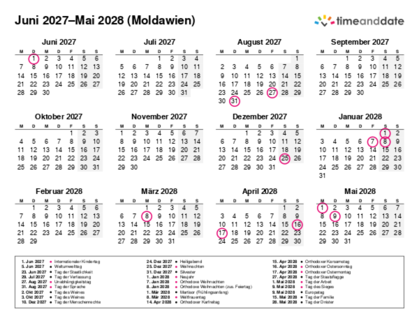Kalender für 2027 in Moldawien