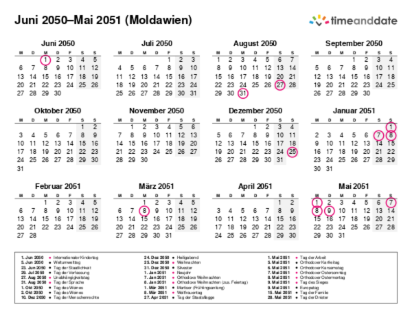 Kalender für 2050 in Moldawien
