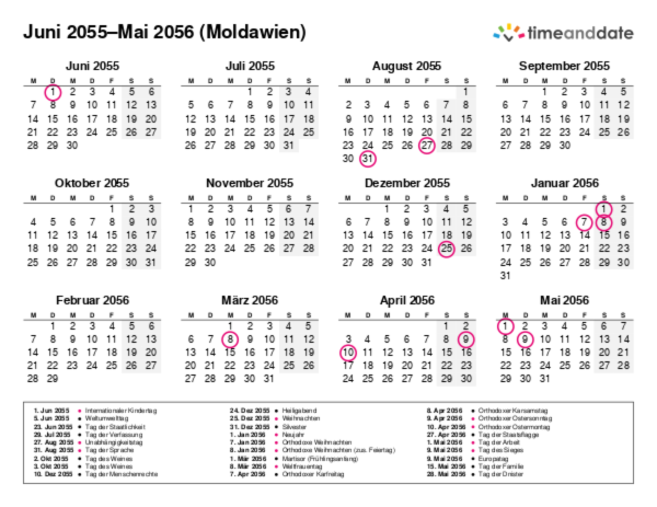Kalender für 2055 in Moldawien