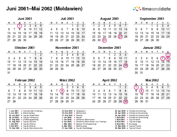 Kalender für 2061 in Moldawien