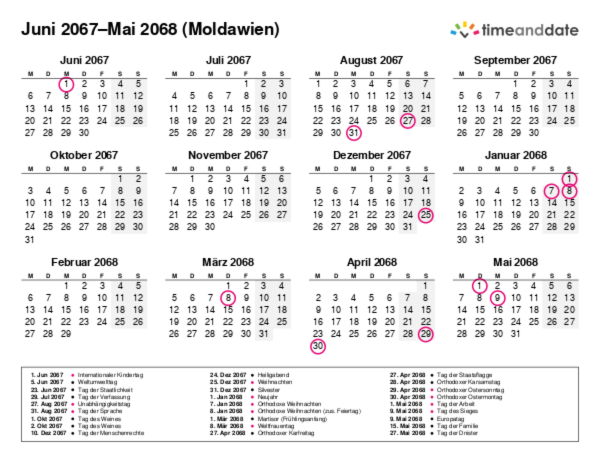 Kalender für 2067 in Moldawien
