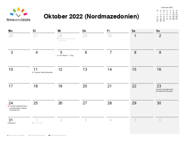 Kalender für 2022 in Nordmazedonien