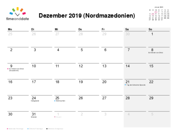 Kalender für 2019 in Nordmazedonien