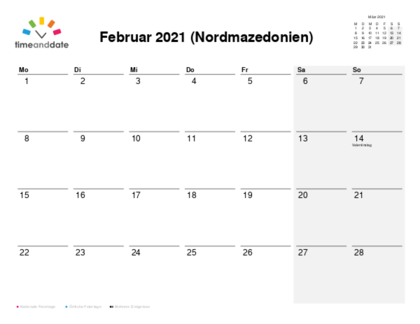 Kalender für 2021 in Nordmazedonien