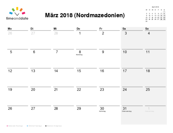 Kalender für 2018 in Nordmazedonien