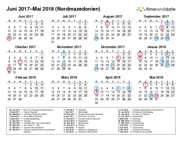 Kalender für 2017 in Nordmazedonien