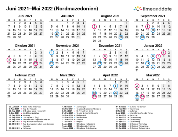 Kalender für 2021 in Nordmazedonien