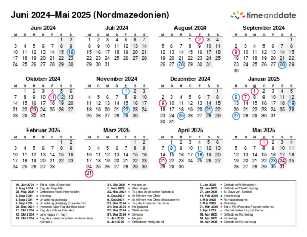 Kalender für 2024 in Nordmazedonien