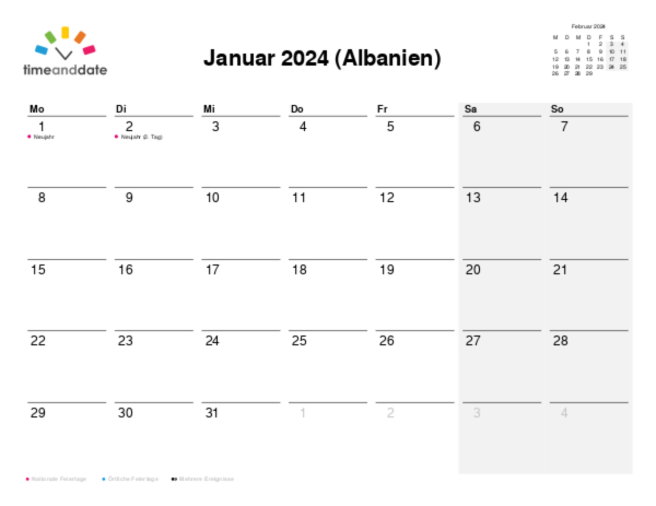 Kalender für 2024 in Albanien