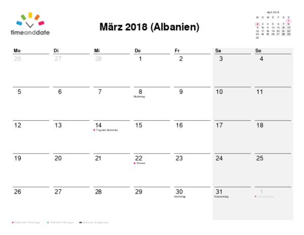 Kalender für 2018 in Albanien