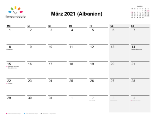 Kalender für 2021 in Albanien