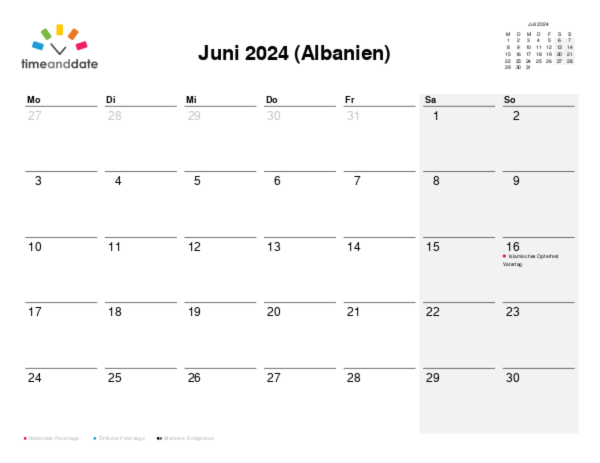 Kalender für 2024 in Albanien