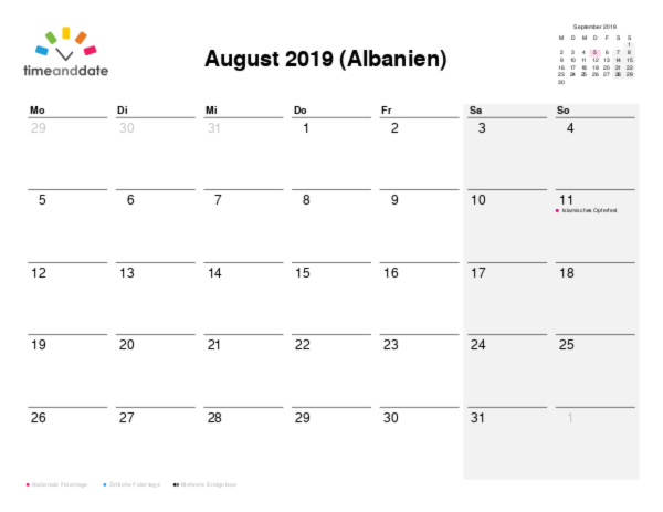 Kalender für 2019 in Albanien