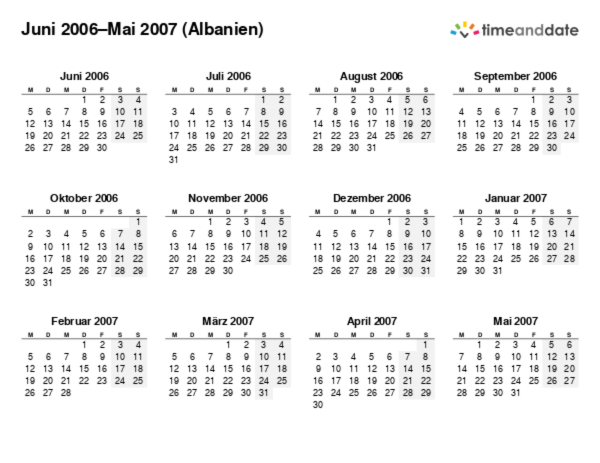 Kalender für 2006 in Albanien