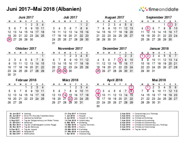 Kalender für 2017 in Albanien