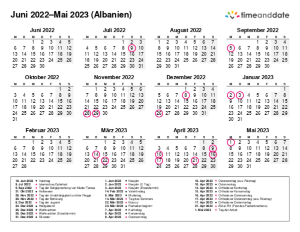 Kalender für 2022 in Albanien